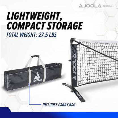 JOOLA pickleball infographic showing the lightweight, compact storage of a JOOLA portable pickleball net.