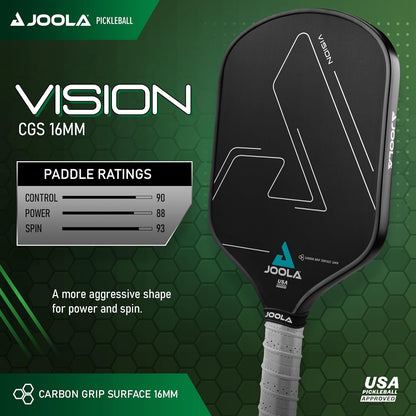 Infographic for the JOOLA Vision Pickleball Paddle with specs on Control, Power and Spin.