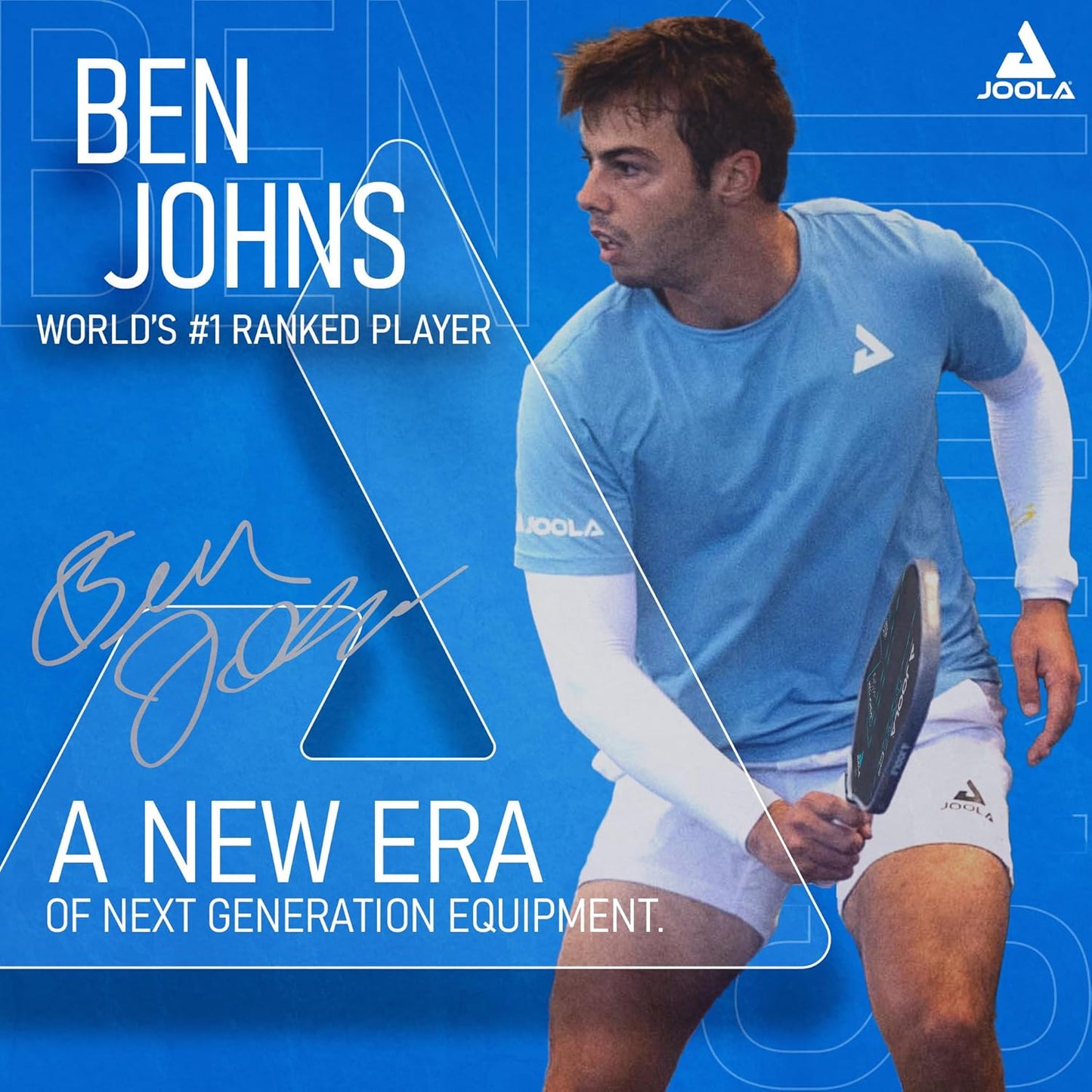 Pickleball player Ben Johns holding a paddle with JOOLA branding on a blue background.
