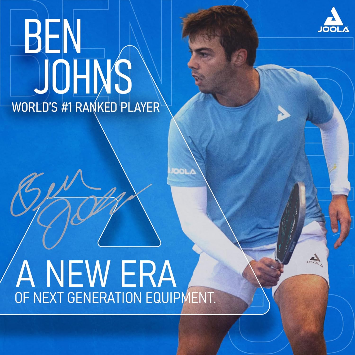 Pickleball player Ben Johns holding a paddle with JOOLA branding on a blue background.