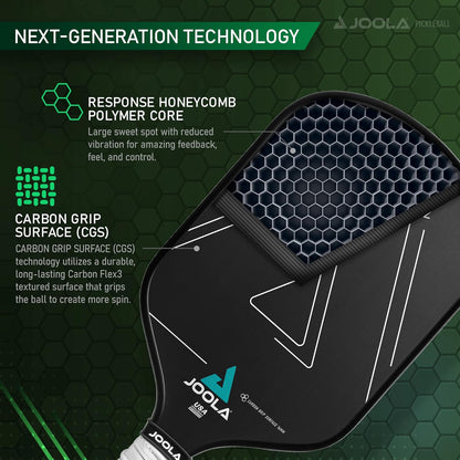 Infographic showing the next-generation technology inside the JOOLA Vision pickleball paddle. Features highlighted are the Response Honeycomb Polymer Core and Carbon Grip Surface.