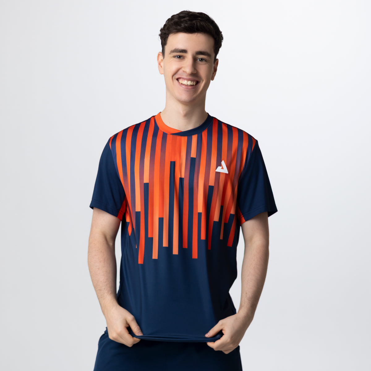 Person wearing a blue and orange striped sports jersey with a logo on a light gray background