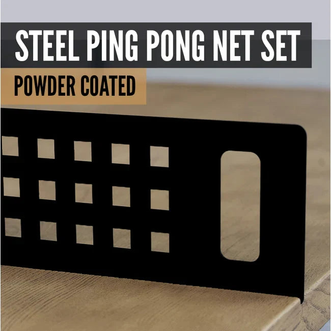 Close up image of the steel table tennis net on the JOOLA Berkshire Brown table tennis table.