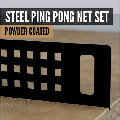 Close up image of the steel table tennis net on the JOOLA Berkshire Brown table tennis table.