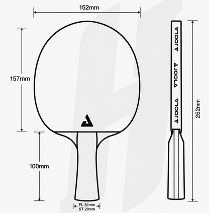 Measurement chart of a table tennis paddle with dimensions labeled.