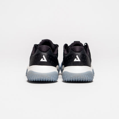White background, product image showing the JOOLA Trinity logo on the back of a pair of black JOOLA R4LLy pickleball shoes.