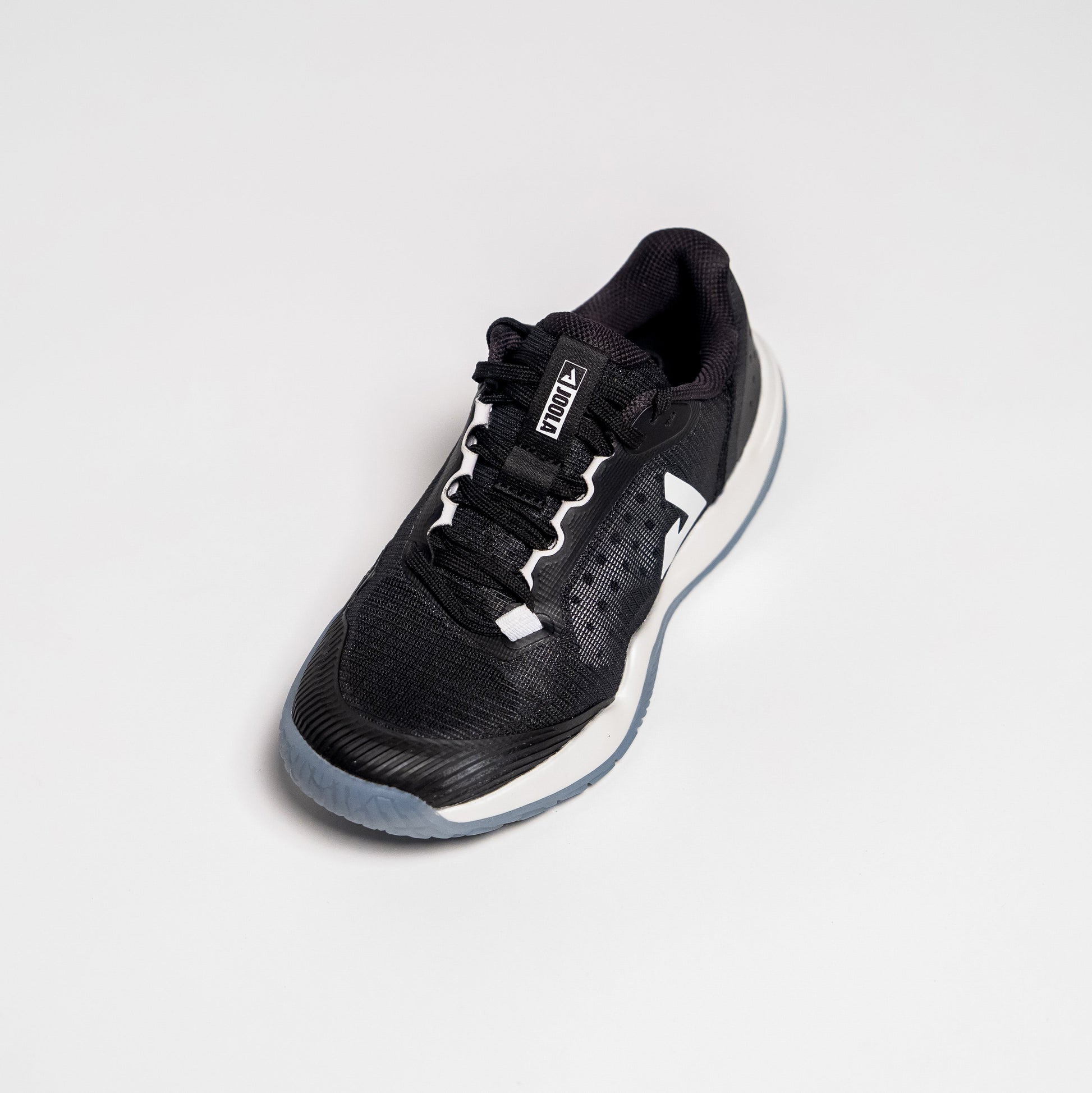 Angled aerial view of a JOOLA R4LLy pickleball shoe, black colorway.