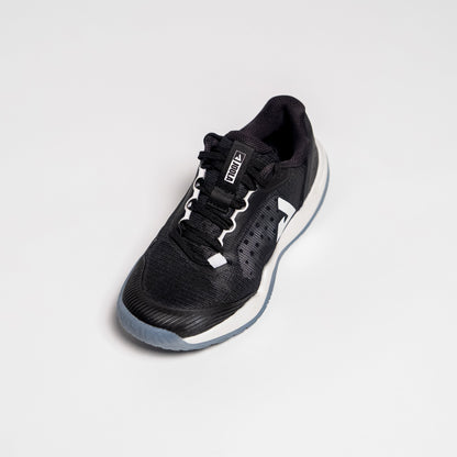 Angled aerial view of a JOOLA R4LLy pickleball shoe, black colorway.