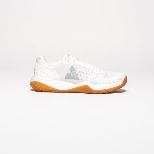 White background, side profile of the JOOLA Men's R4LLy pickleball shoe, white with gum sole.