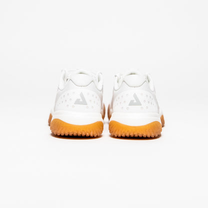 White background, image showing the the back of a pair of JOOLA Men's R4LLy pickleball shoes, white with gum soles.