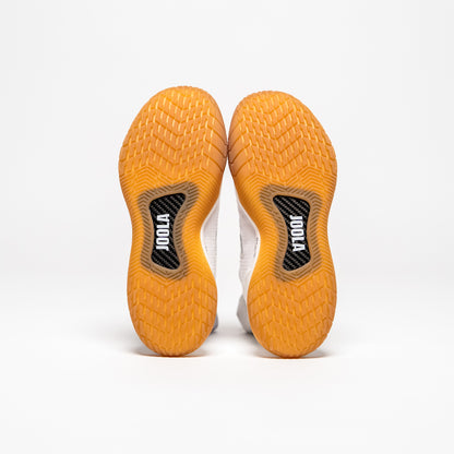 White background, product image showing the bottom of a pair of Men's R4LLy pickleball shoes, gum sole.