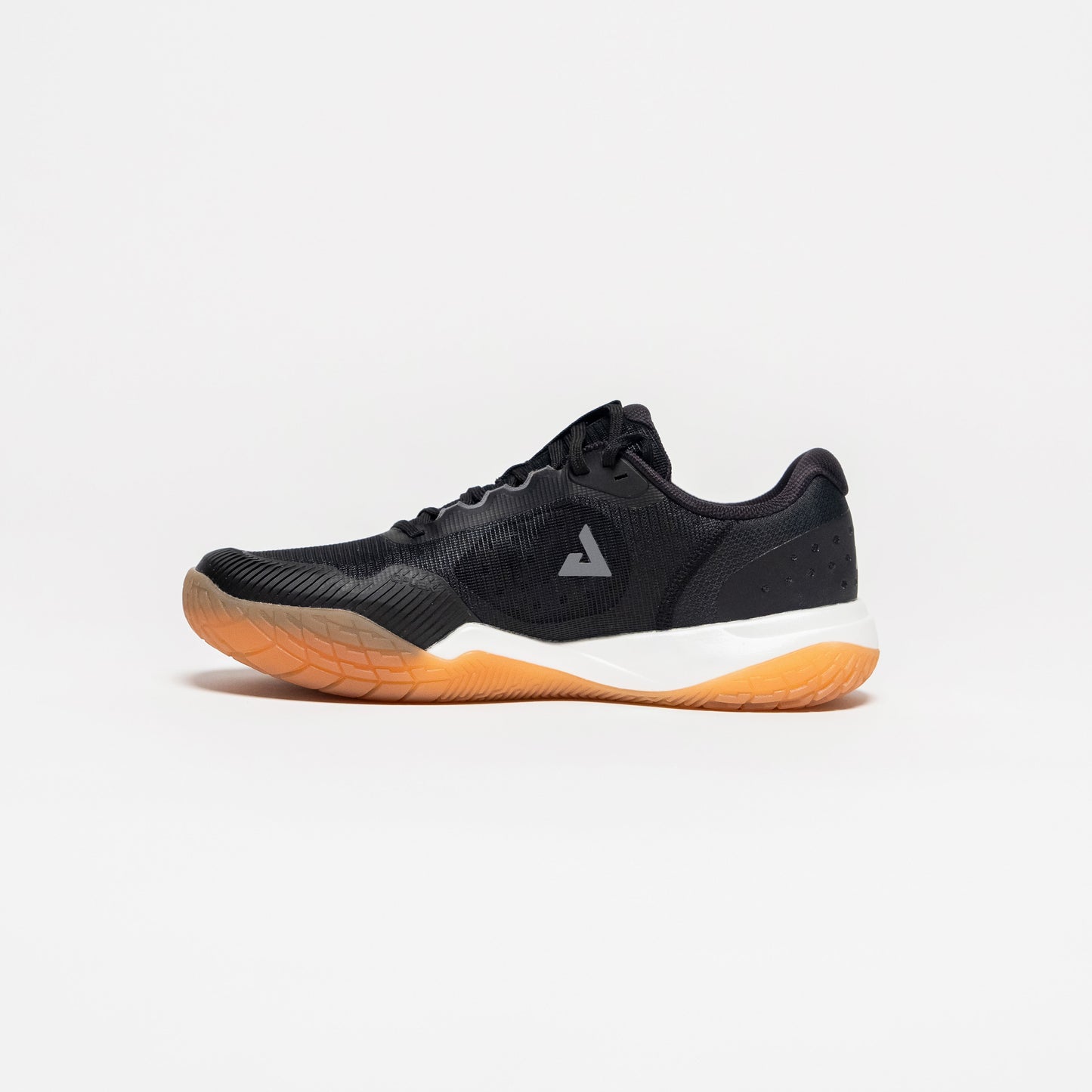 White background, image of the JOOLA R4LLy pickleball shoe, black shoe with gum sole.