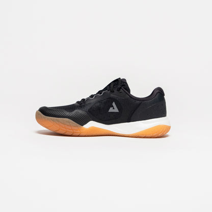 White background, image of the JOOLA R4LLy pickleball shoe, black shoe with gum sole.