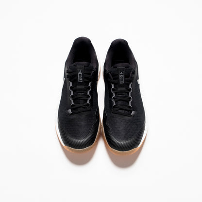 White background, product image of a pair of Men's R4LLy pickleball shoes, black, with gum sole.