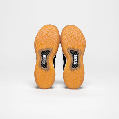 White background photo image of a pair of JOOLA R4LLy Men's Black shoes with gun sole.