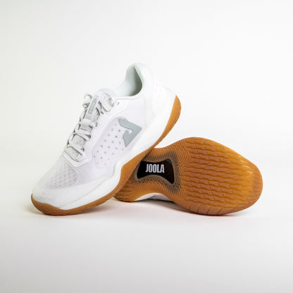 White background, images of a pair of JOOLA R4LLy pickleball shoes, white with gum sole.