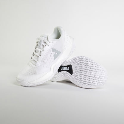 Stylized shot of the JOOLA R4LLy pickleball shoe in white.