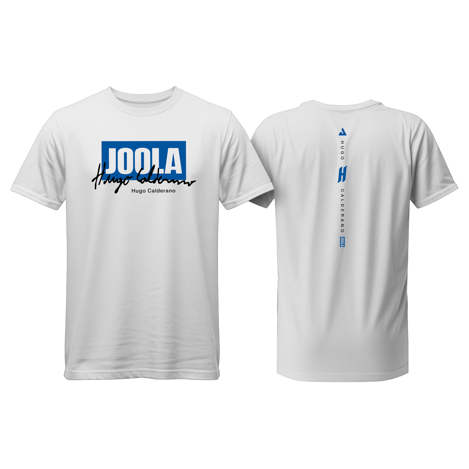 White background, product image of the JOOLA Hugo Calderano, white and blue t-shirt.