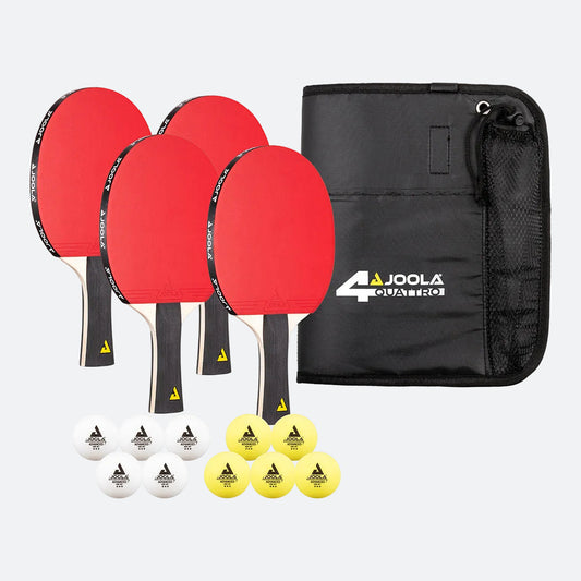 White background, product image of the full JOOLA Quattro table tannis racket set. Four rackets, ten balls and quattro carrying case all included.
