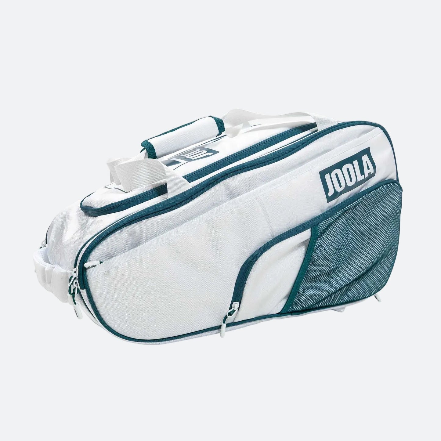 White background, image of a green and white JOOLA Tour Elite pickleball bag.