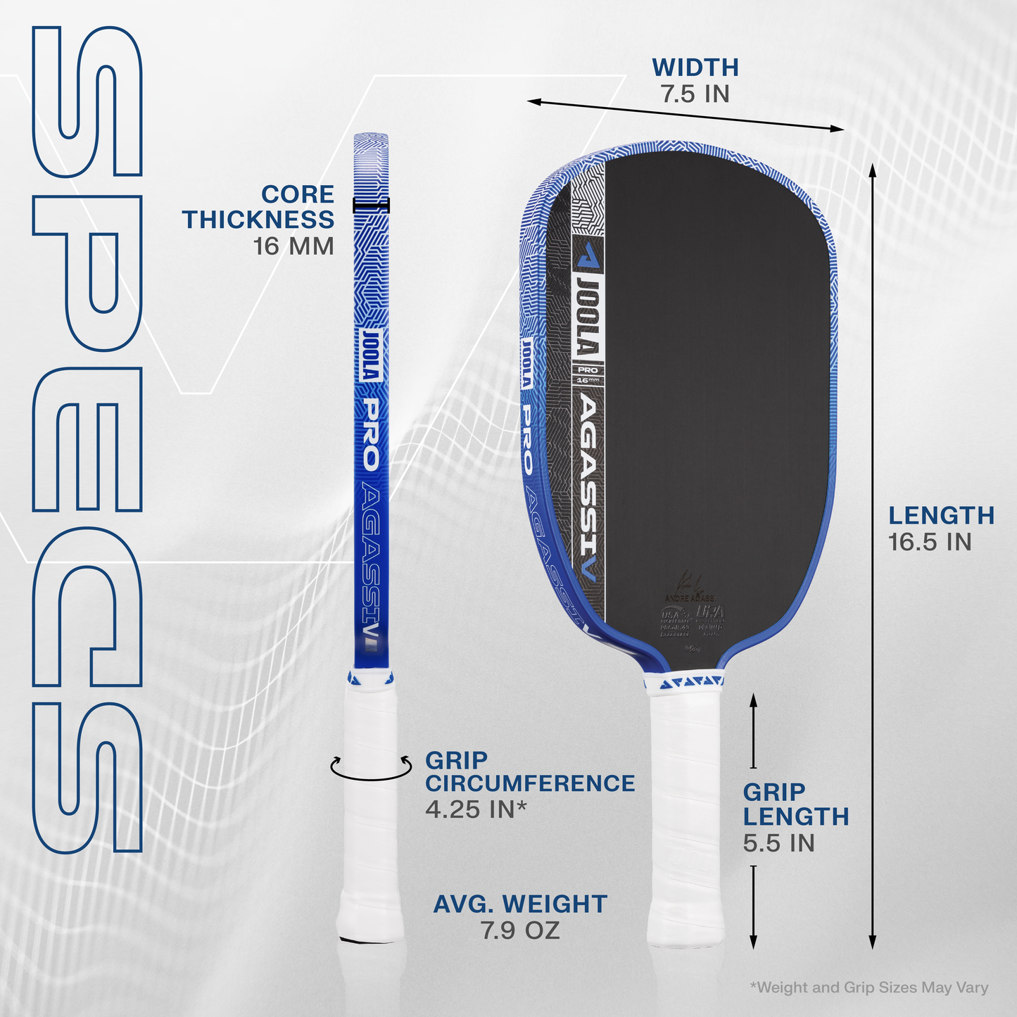 Inforgraphic showing the paddle specs on the Agassi Pro V 16mm.
