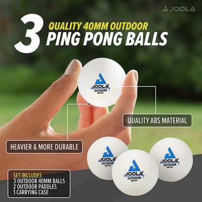 JOOLA Table Tennis infographic showing the three 40mm outdoor table tennis balls that are included in the Vivid Outdoor Racket Set.