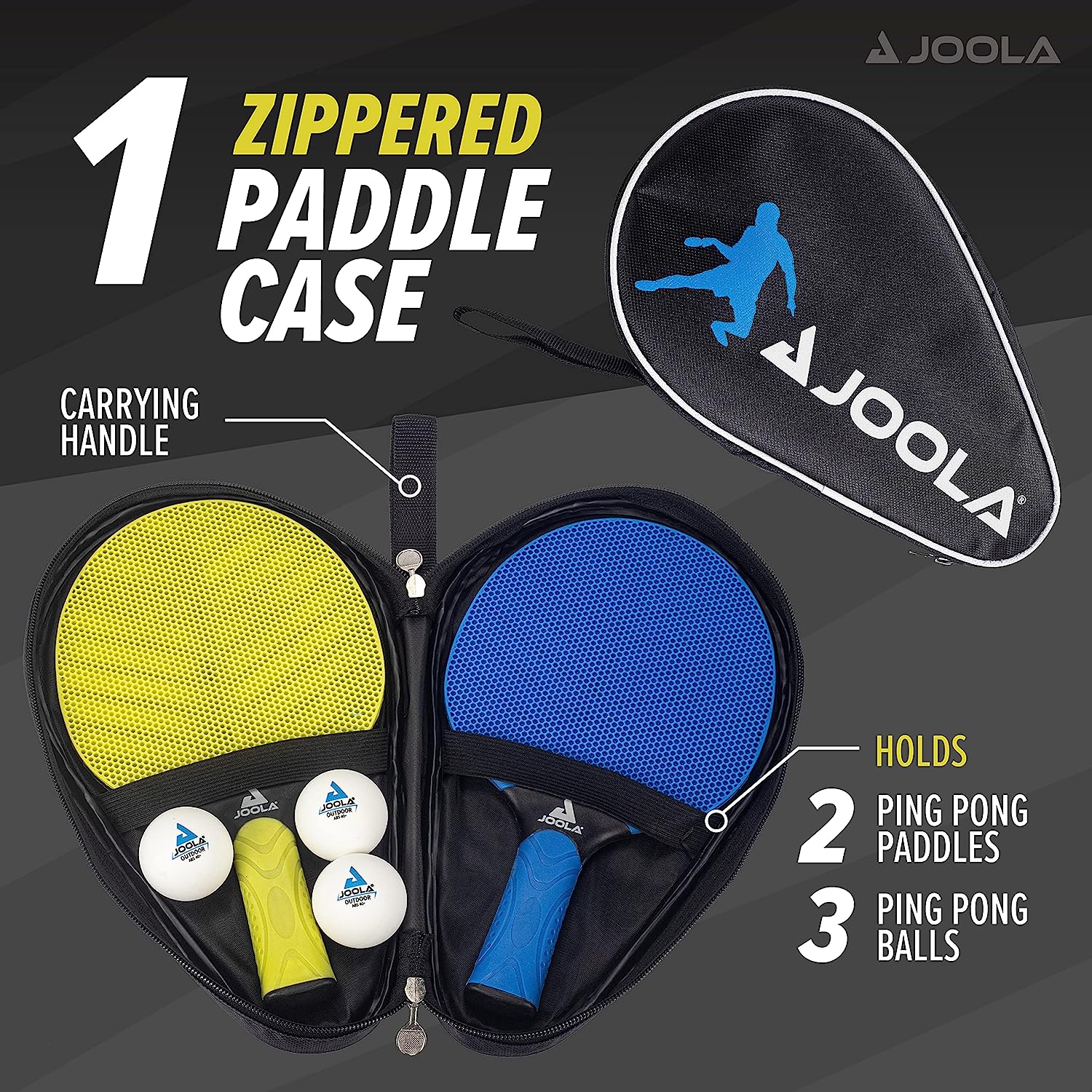 Joola Vivid Outdoor Racket Set with 2 paddles and 3 balls displayed in carrying case infographic