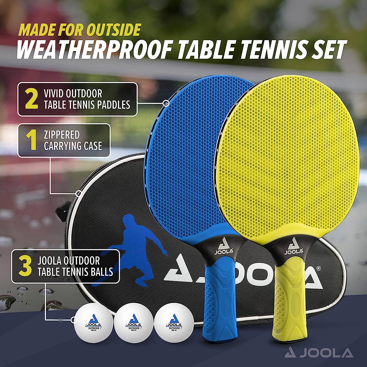 Joola Vivid Outdoor Racket Set infographic showing 2 paddles and 3 balls included