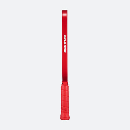 White background image, view of the red edge guard with Agassi logo on the side of the Agassi x JOOLA Pro Pickleball Paddle.
