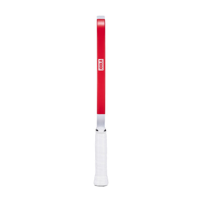 White background, product image of the white edge guard and JOOLA logo on the side of the Agassi x JOOLA Graf Pro Pickleball Paddle. White handle.