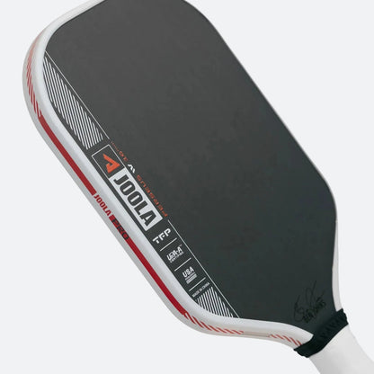 White background image, product image of the JOOLA Ben Johns Perseus Pro IV Pickleball paddle. White handle, black surface, white edge guard. 16mm.