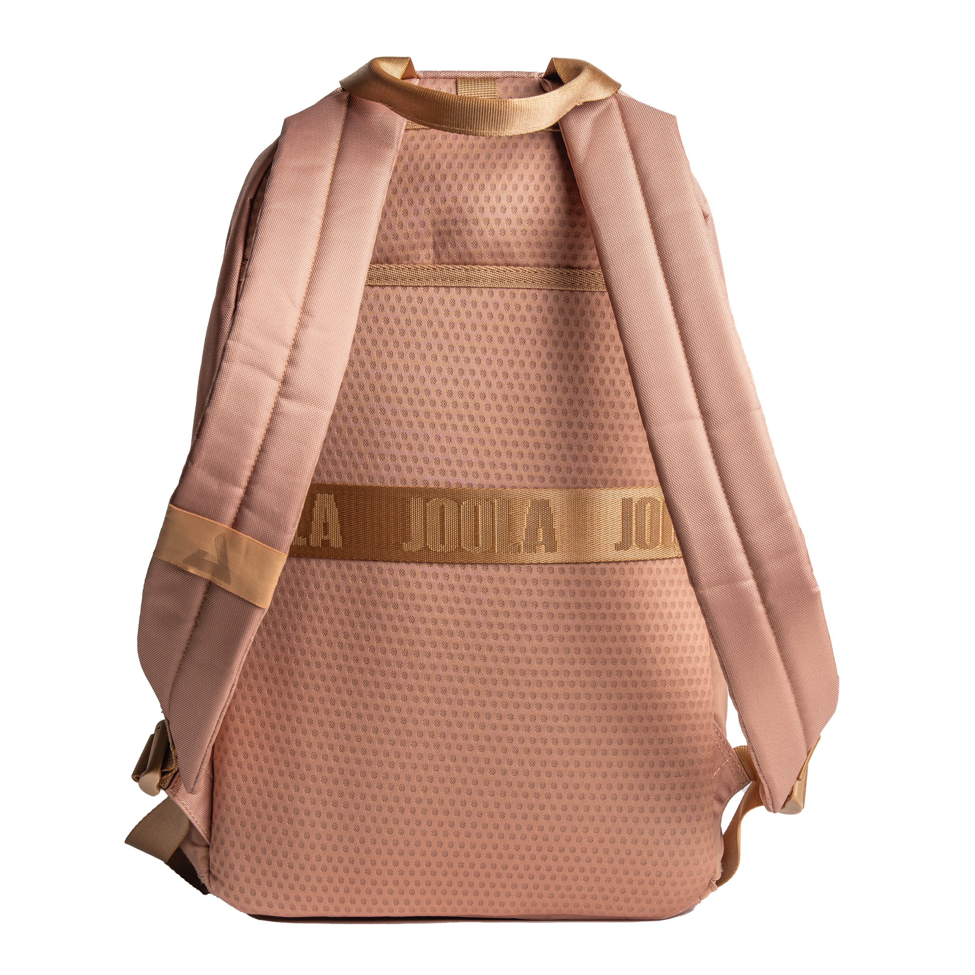 Pink JOOLA Everyday backpack with gold accents on a white background.