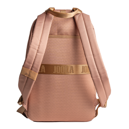 Pink JOOLA Everyday backpack with gold accents on a white background.