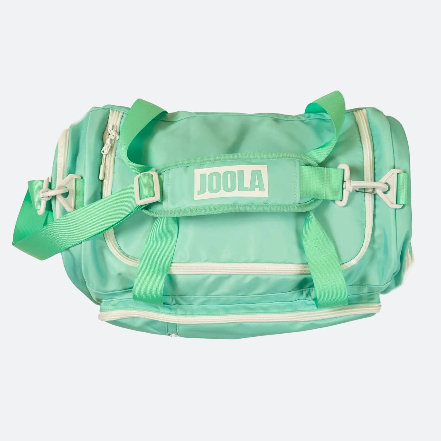 White background, aerial view of the JOOLA duffle bag with JOOLA logo on the handle.