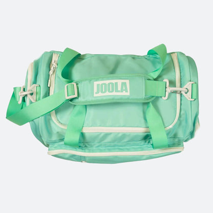 White background, aerial view of the JOOLA duffle bag with JOOLA logo on the handle.