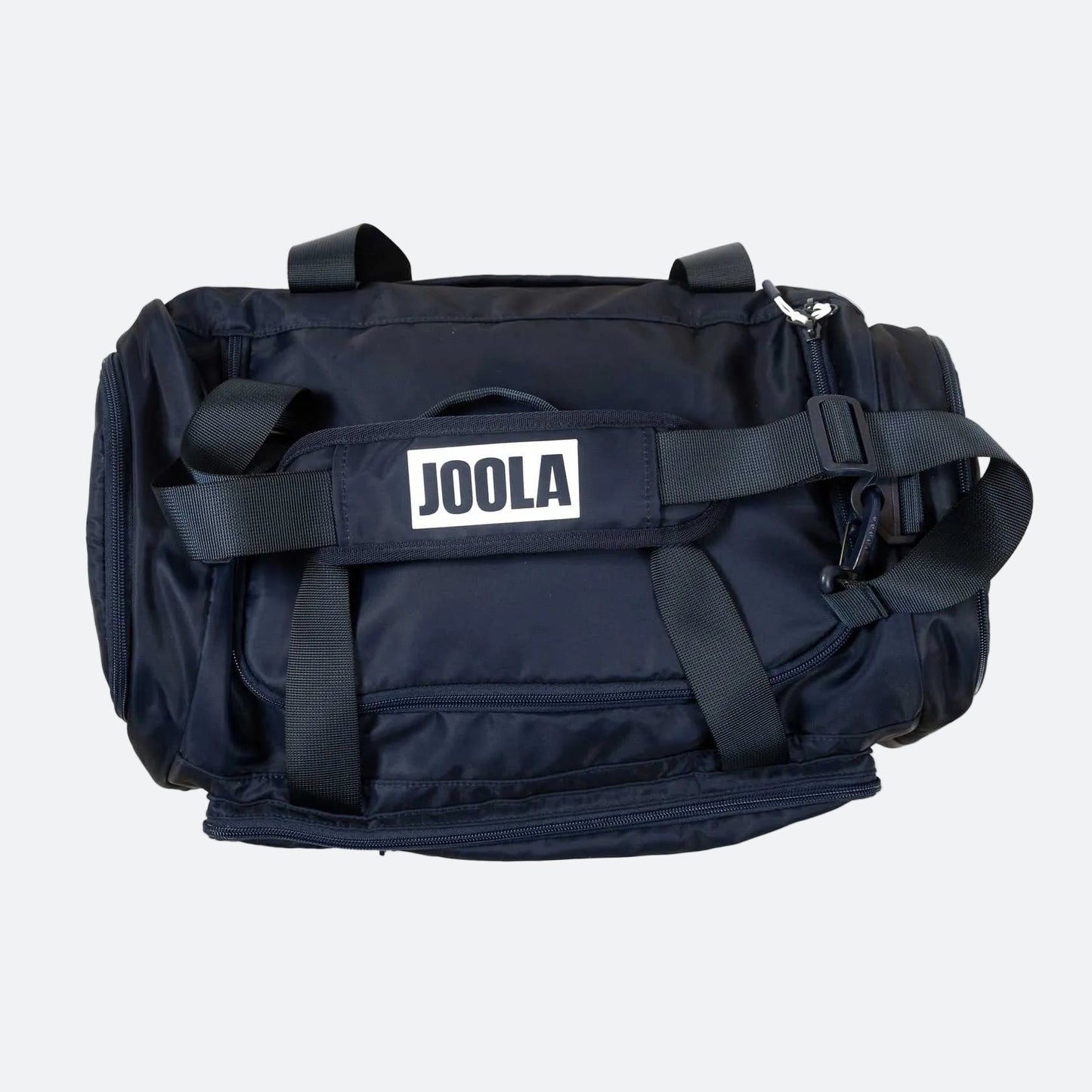 Navy blue duffel bag with 'JOOLA' logo on a white background.