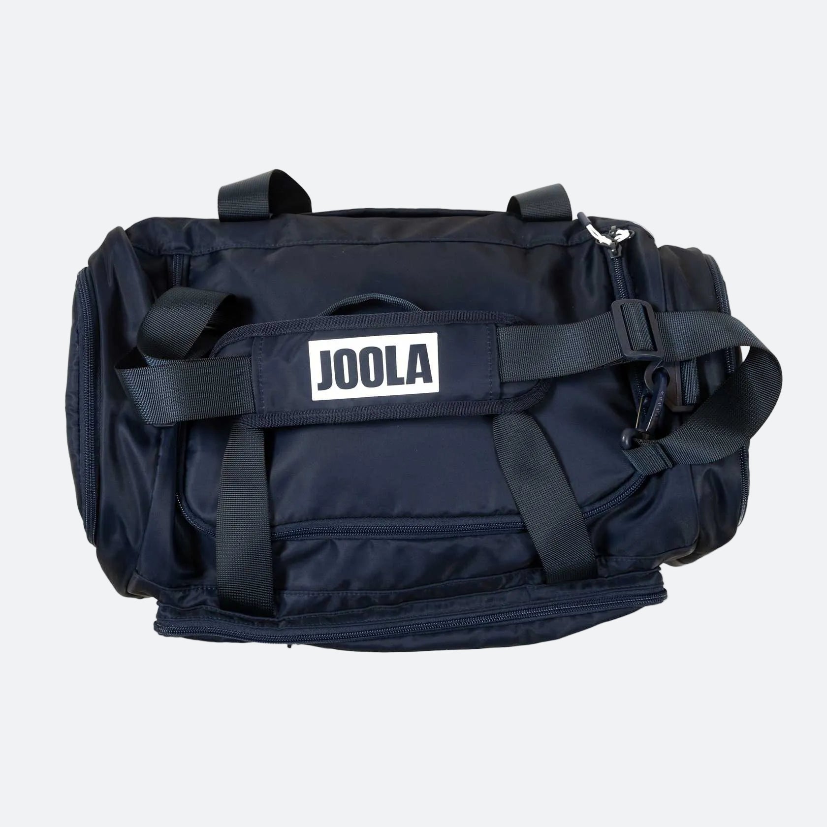 Navy blue duffel bag with 'JOOLA' logo on a white background.