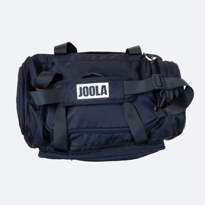 Navy blue duffel bag with 'JOOLA' logo on a white background.