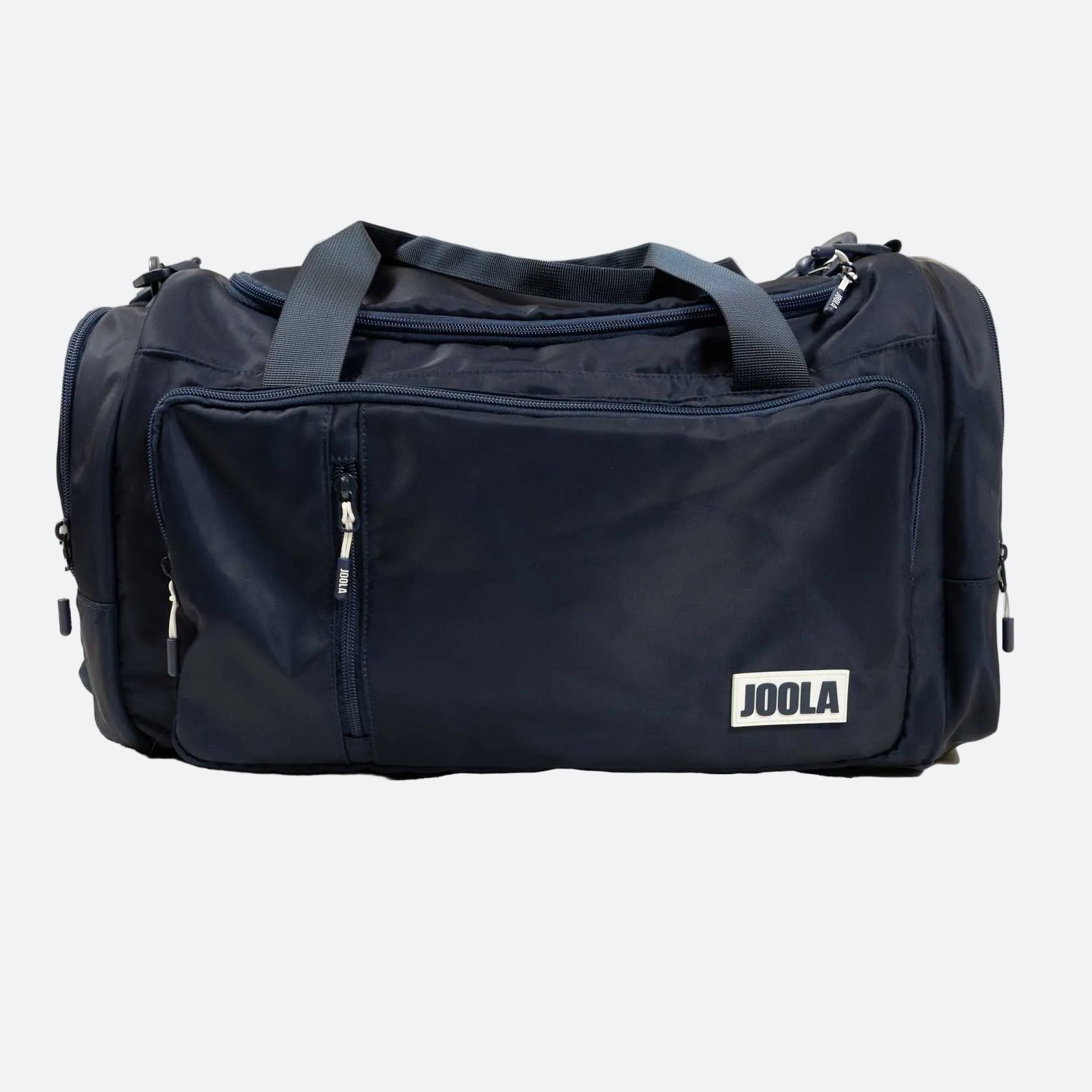 Navy blue duffel bag with JOOLA logo on a white background