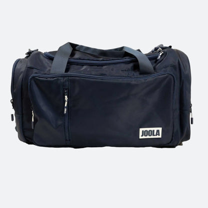 Navy blue duffel bag with JOOLA logo on a white background