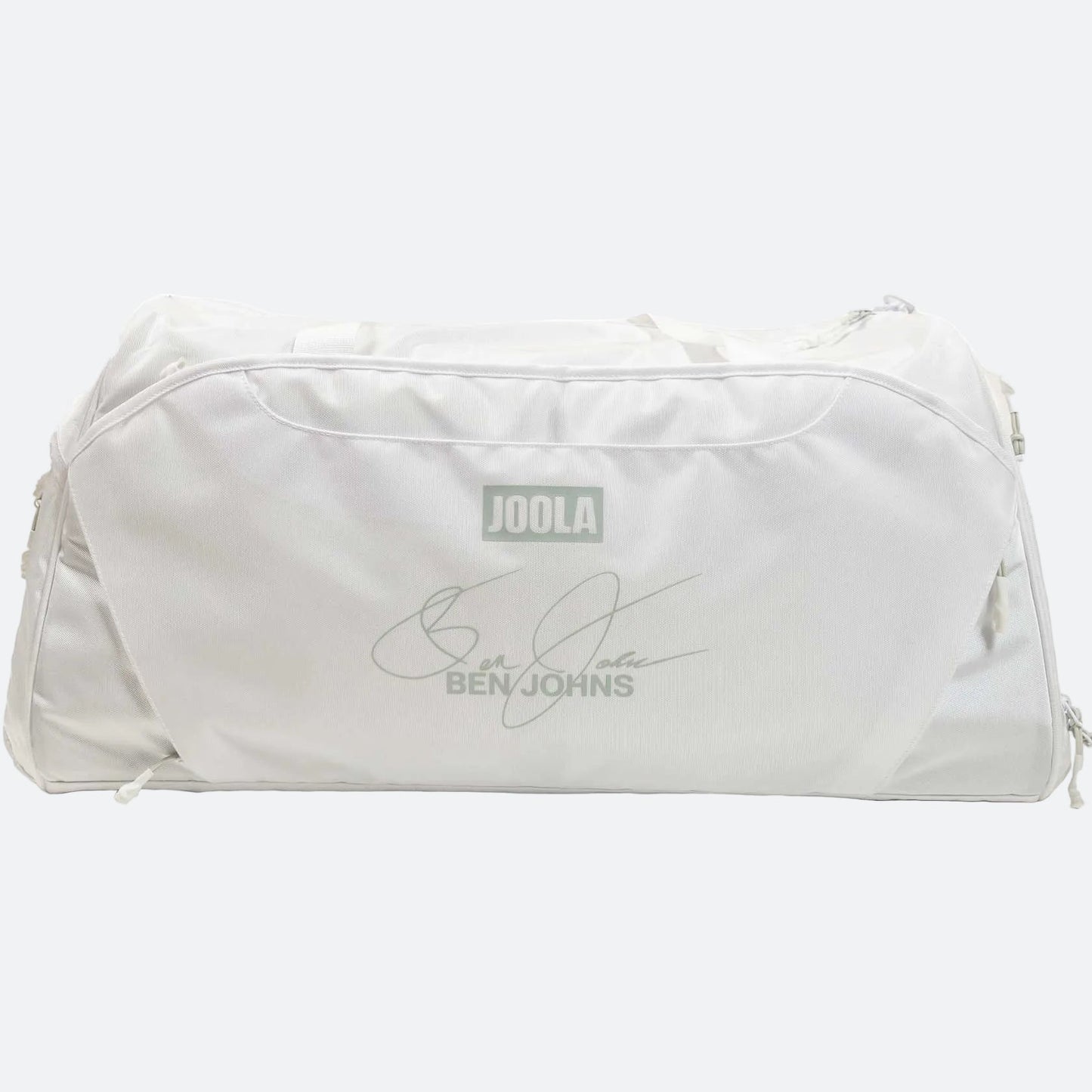 White background, image of the JOOLA Ben's Bag duffle. Ben John's signature.