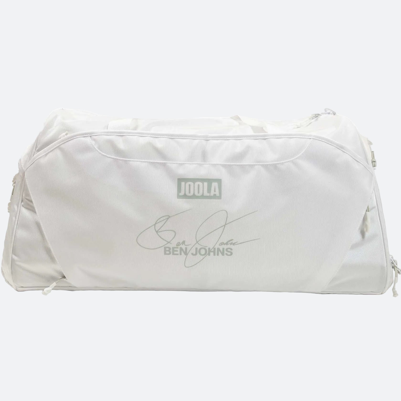 White background, image of the JOOLA Ben's Bag duffle. Ben John's signature.
