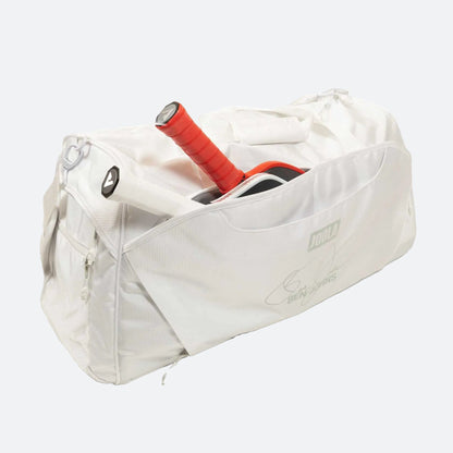 White background, image of the JOOLA Ben's Bag duffle with two paddles shown in the side pouch.