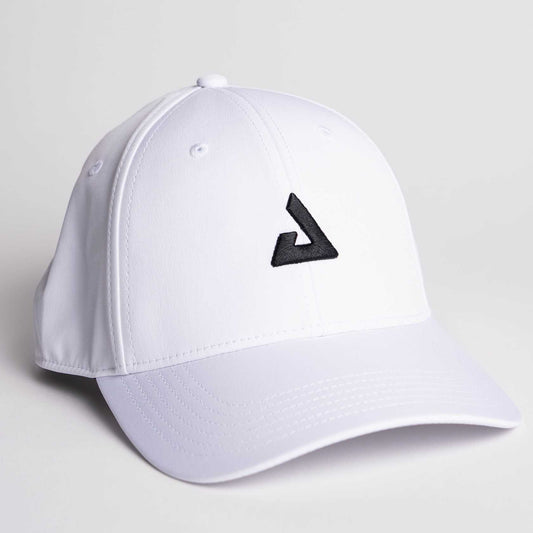 White background, product image of a JOOLA Essentials Cap, White with black JOOLA Trinity logo.