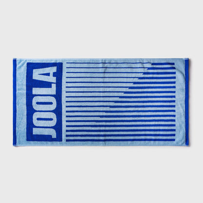 White background, blue and white JOOLA towel.