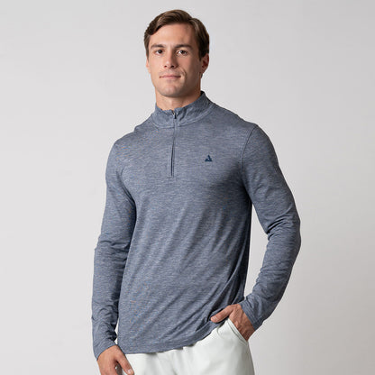 Image of a male model wearing a JOOLA Men's Quarter Zip Pullover, Navy Heather.