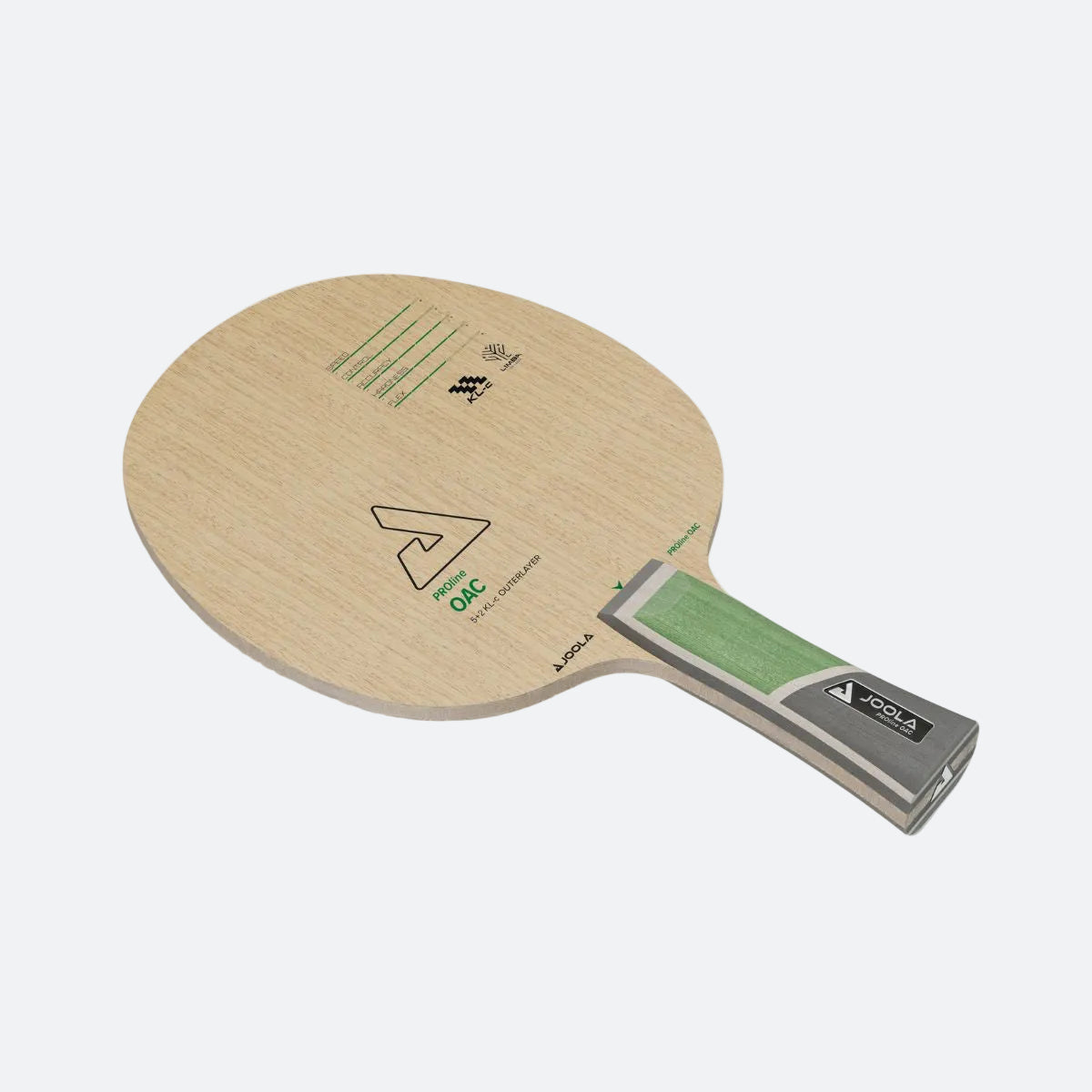 JOOLA Pro line OAC Table tennis racket with wooden blade and green handle on a white background.