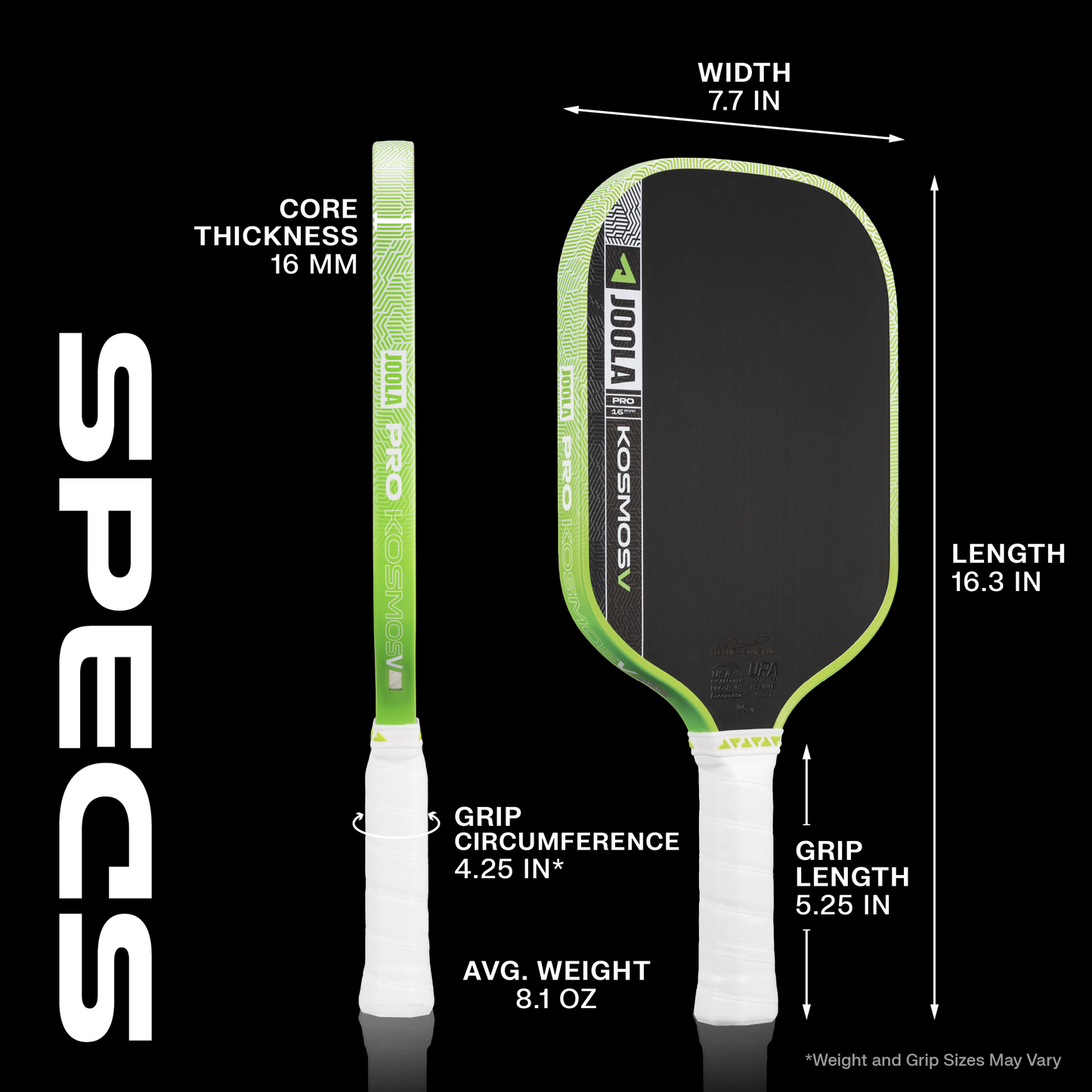 Updated Kosmos Pro V 16mm pickleball paddle specs.