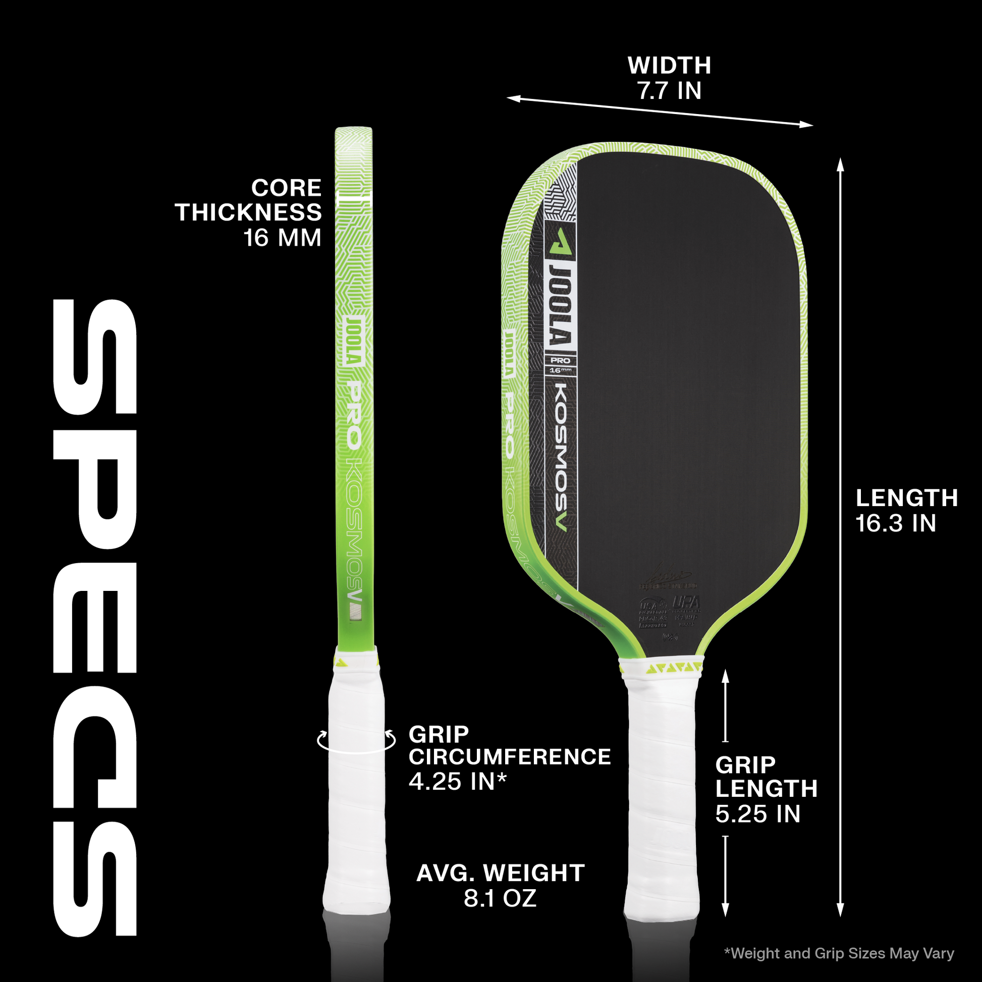 Updated Kosmos Pro V 16mm pickleball paddle specs.