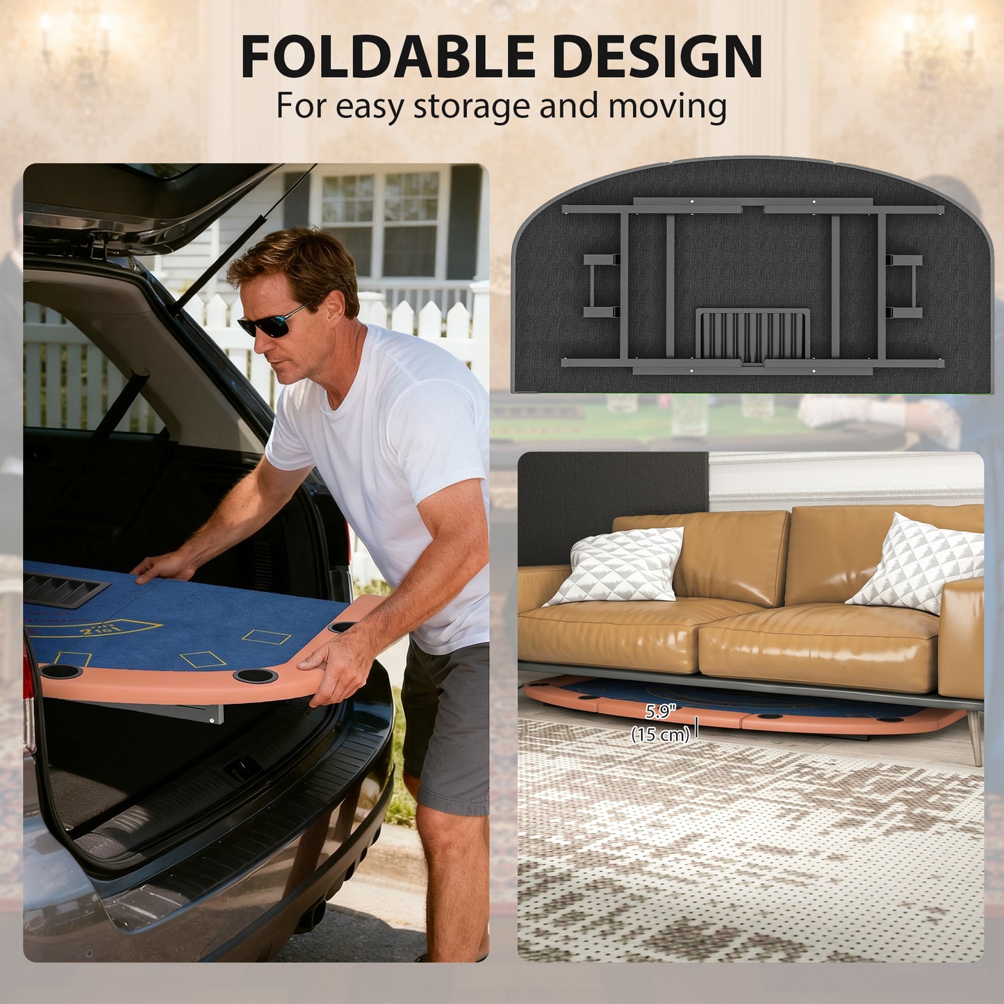 Folding Poker Table - 72" 8-Player Blackjack Table with Cup Holders